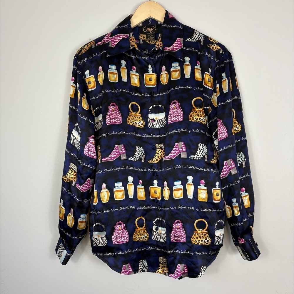 Vtg 90s 100%‎ Silk Perfume Bottles Handbags Boots Button Up Blouse Sz 6 Pop Art